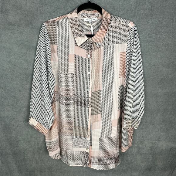 Rose And Olive Top Womens 1X Pink Geo Patchwork 3/4 Sleeve Button Front Career - Picture 1 of 12